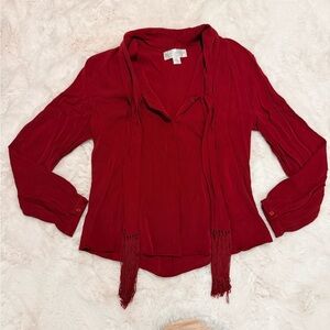 ❤️Vintage 90s Y2K Vamp Sexy Blood Red Silk Blend Fringe Tie Button Up Blouse